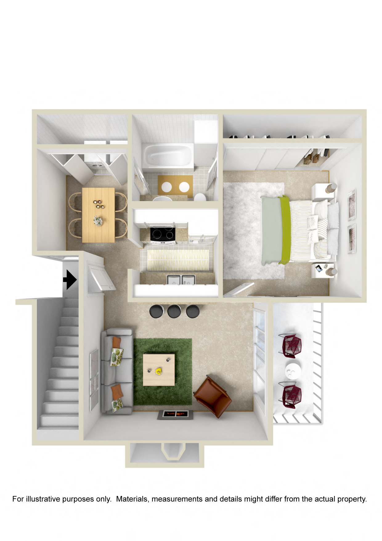 Floor plan for 1 bed, 1 bath, 624 sqft